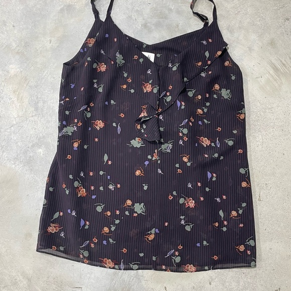 cAbi Womens Tank Ruffle top blouse black floral striped size Medium - Picture 2 of 5
